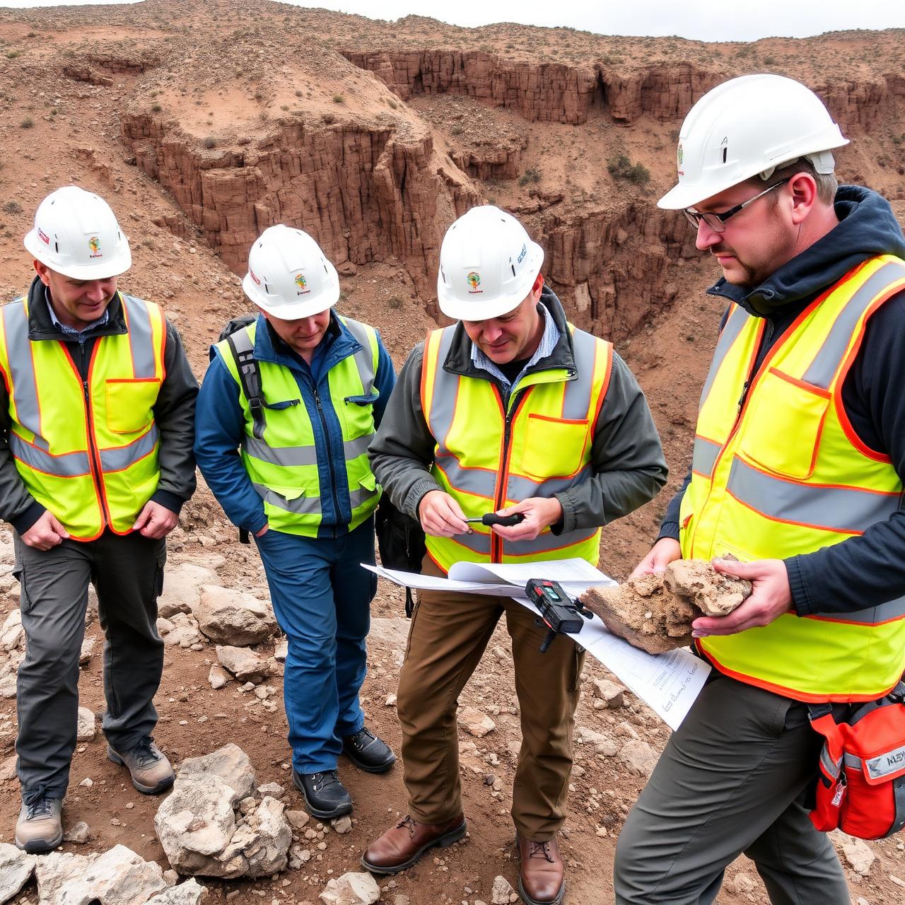Geologists reviewing maps and rock samples during field exploration
